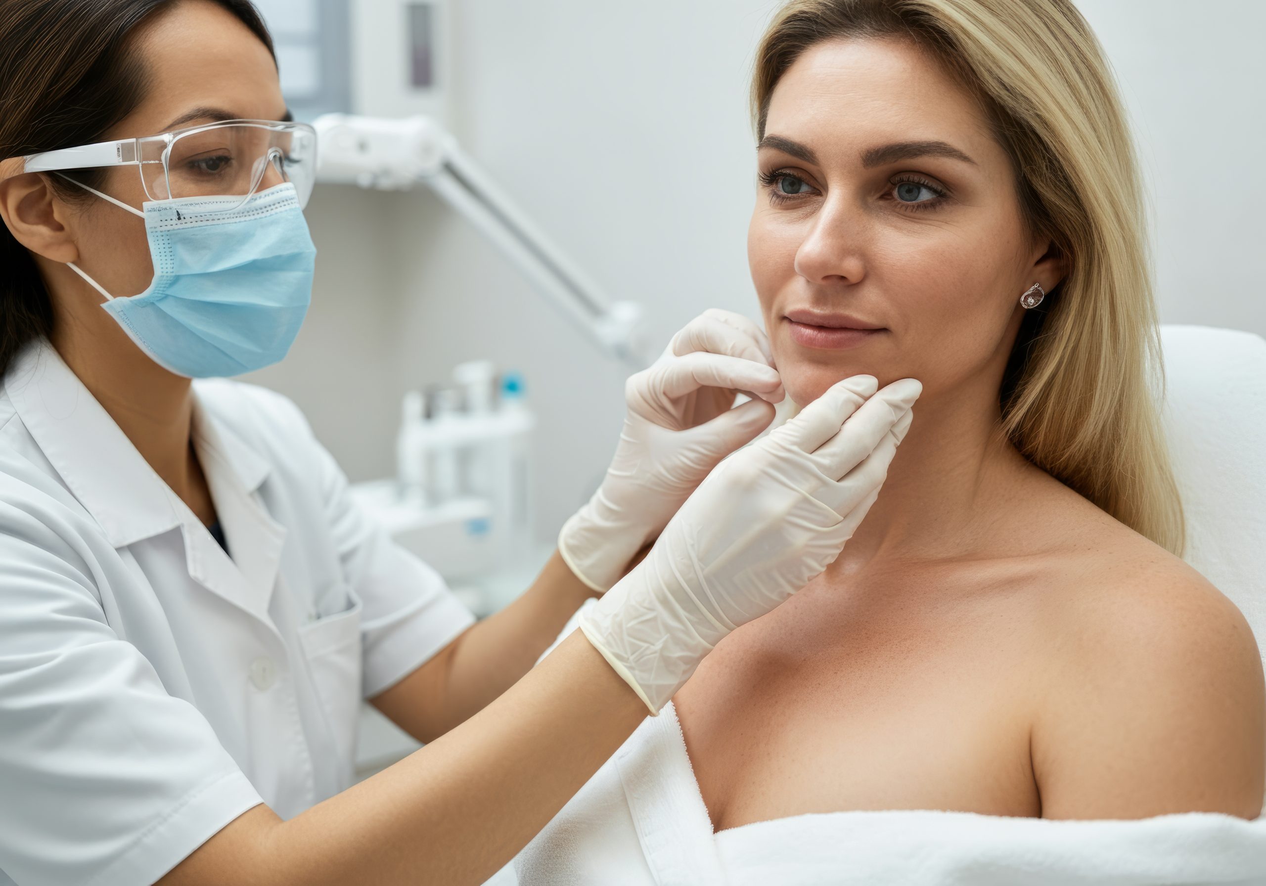 Doctor wearing gloves performing a skin exam on a female patient’s face, checking for melanoma or other skin conditions Doctor wearing gloves performing a skin exam on a female patient’s face, checking for melanoma or other skin conditions