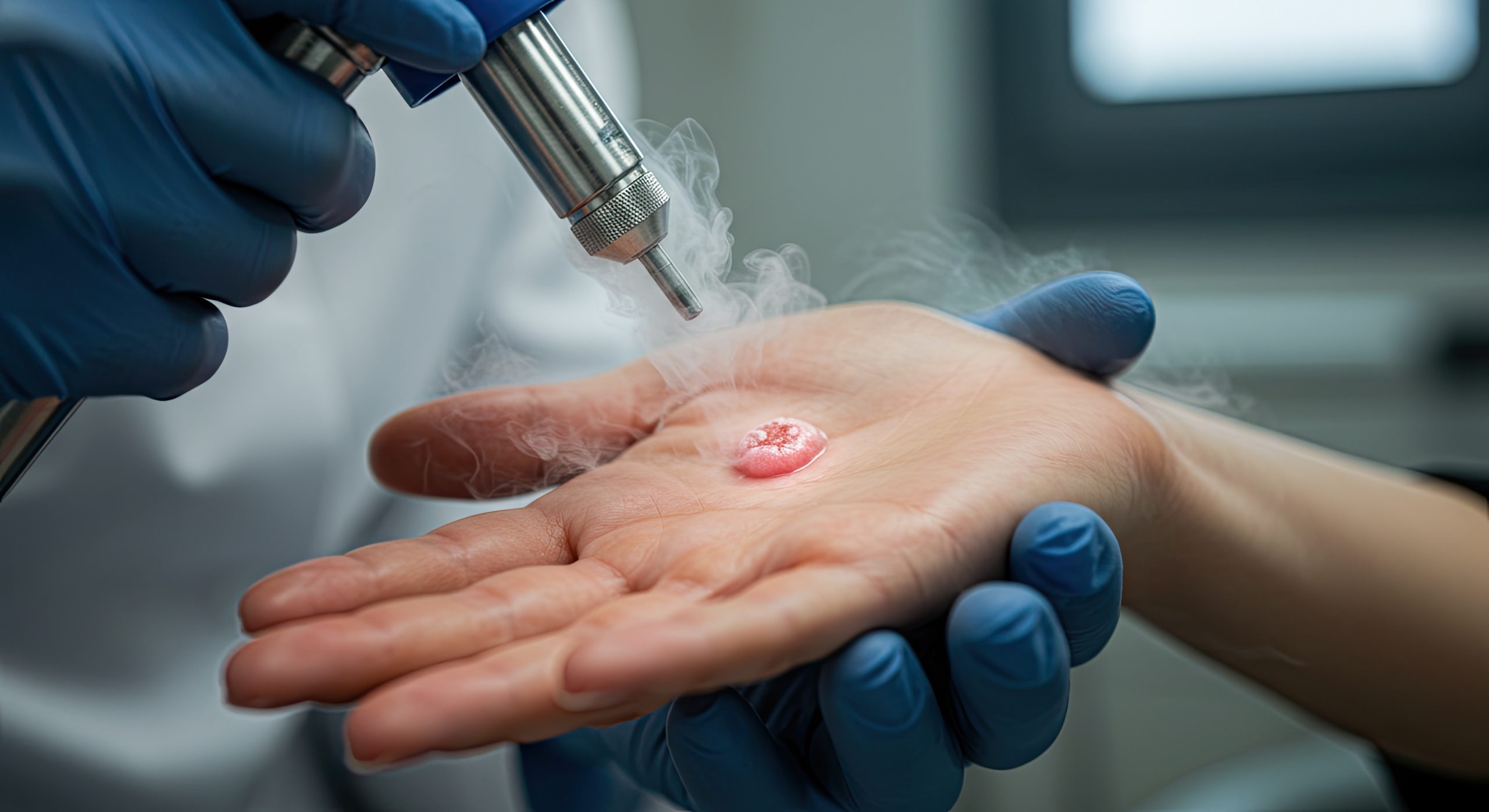 Cryotherapy treatment of a wart on a hand using liquid nitrogen spray